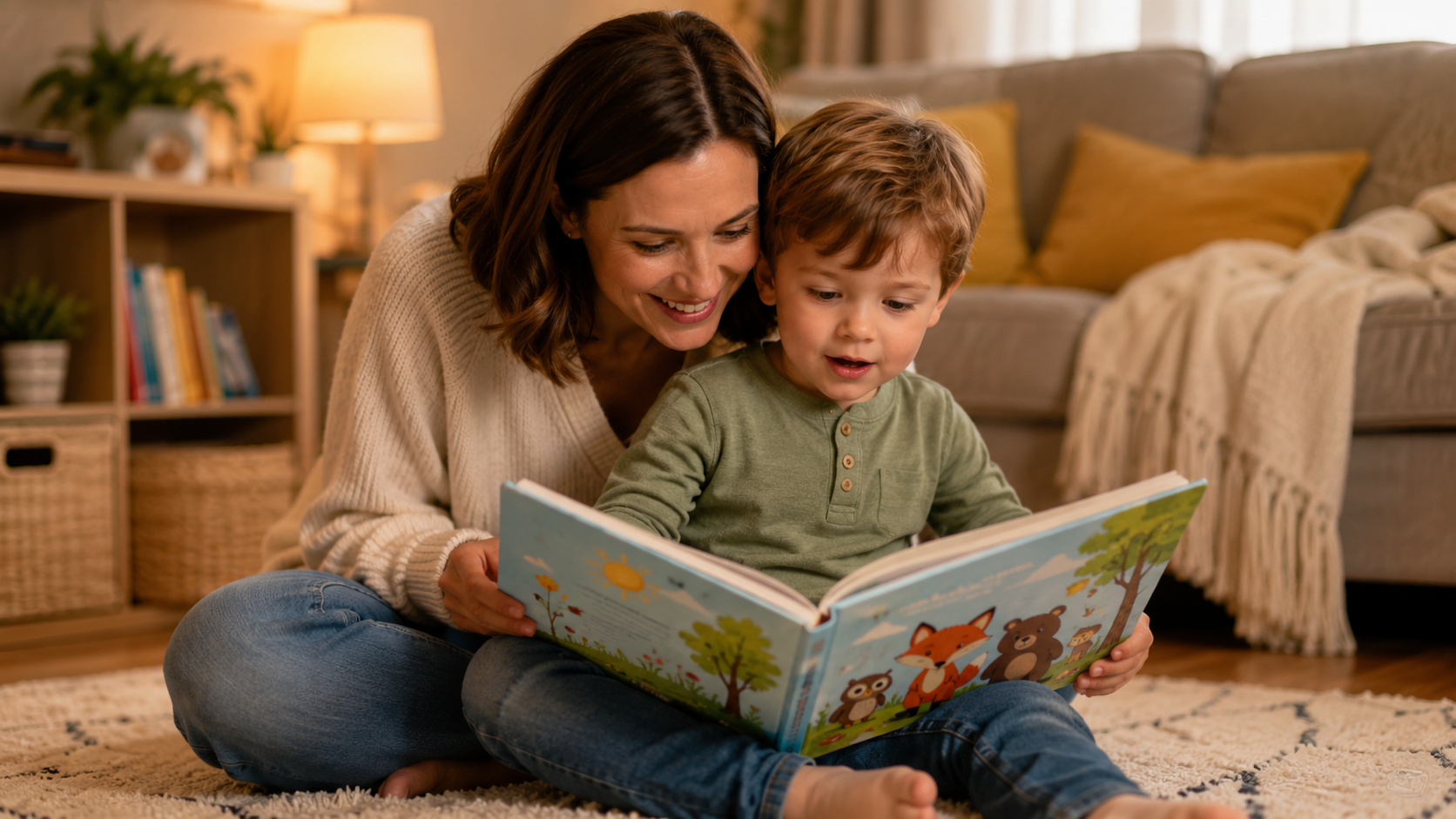 Ebeveyn ve çocuğun rahat bir ortamda birlikte resimli kitap okuması