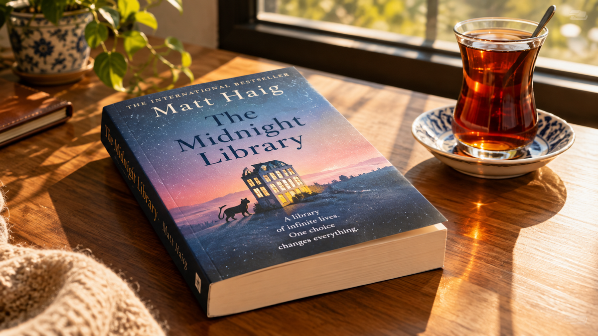 Ahşap masa üzerinde kitap ve ince belli bardakta Türk çayı