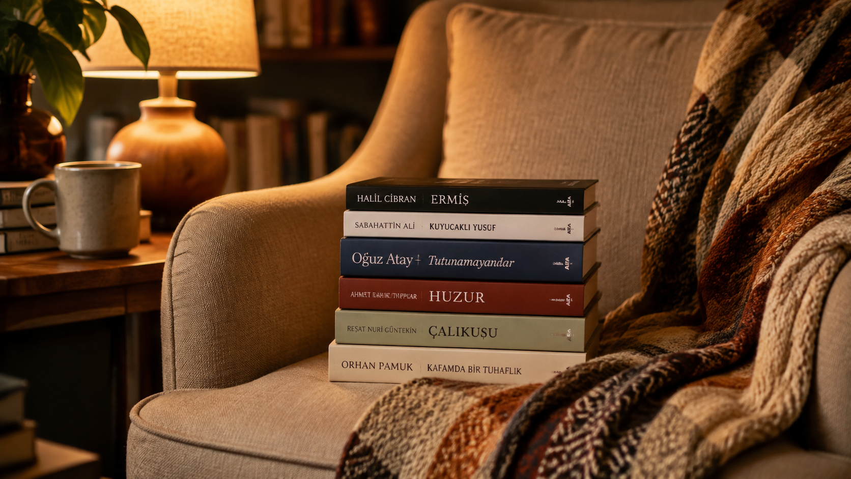 Cozy reading nook with Turkish books