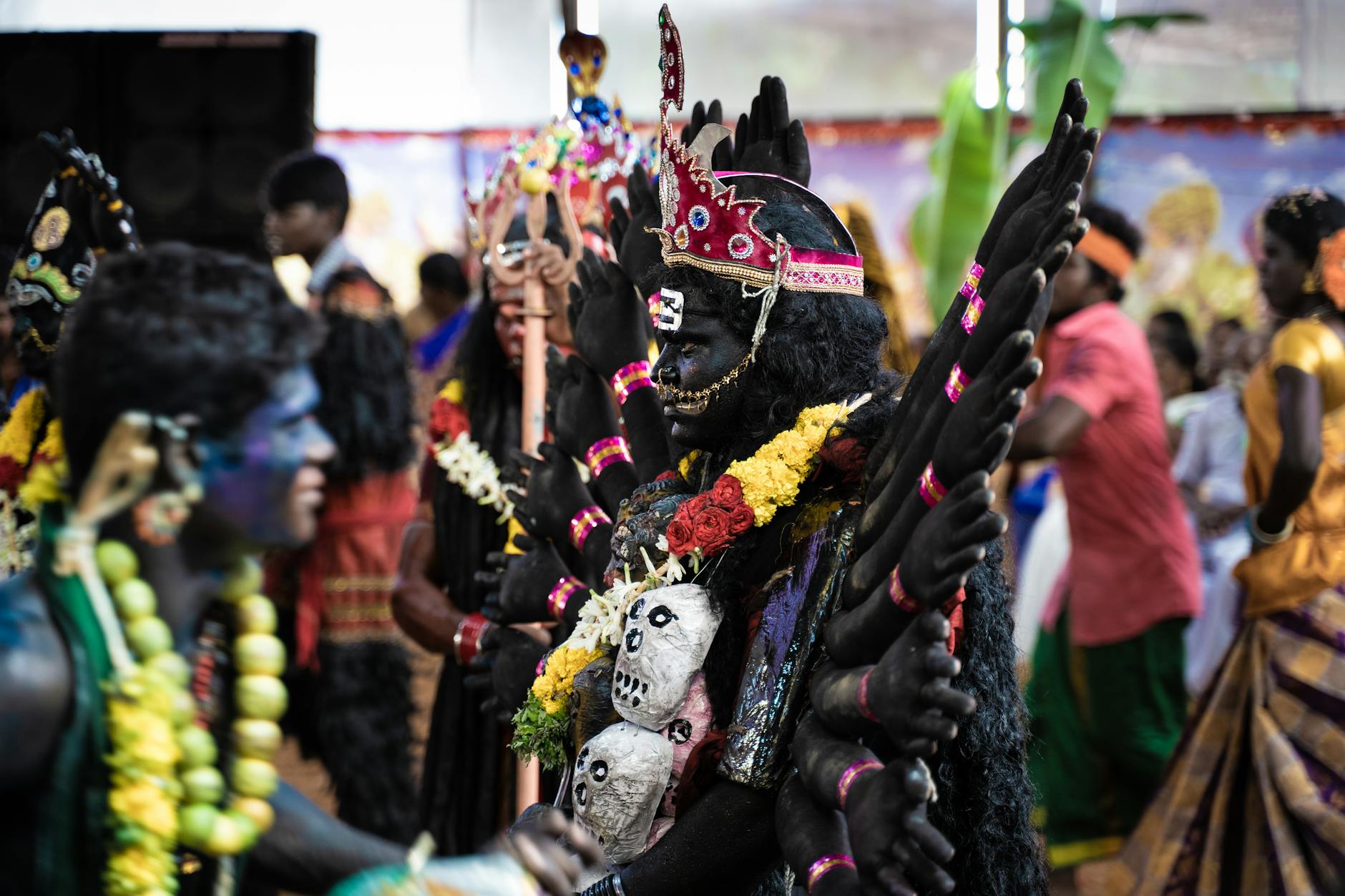 Colorful depiction of Kavadi Attam during a Hindu festival in Thiruchendur, India.