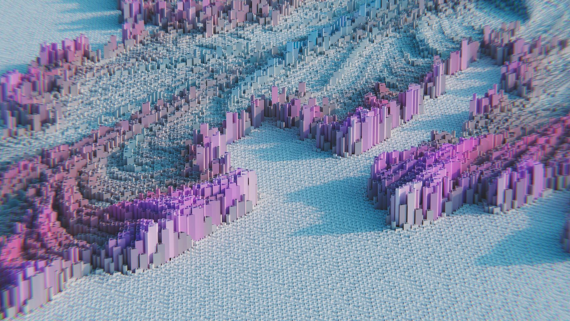 3D abstract geometric pattern featuring pastel pink and purple blocks, creating a modern visual effect.