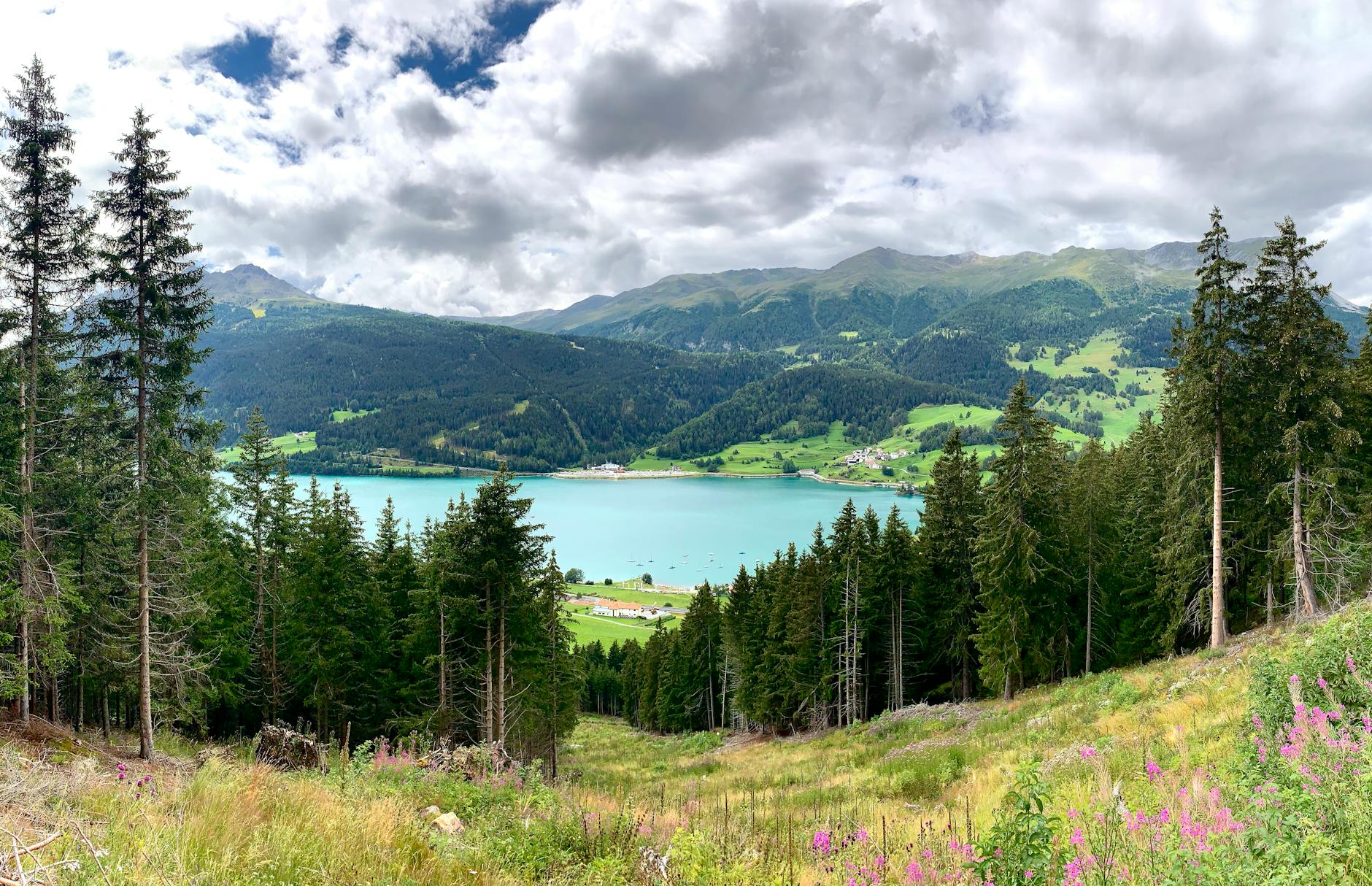 Picturesque landscape of peaceful blue lake surrounded by trees and mountains covered with green forest in cloudy summer day