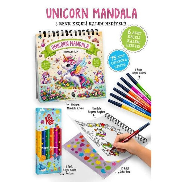 Çocuklar İçin Unicorn Mandala - 6 Renk Keçeli Kalem ve 75 Adet Çıkartma Hediye! 3+ | Bigkids Yayınları (İnce Kapak)