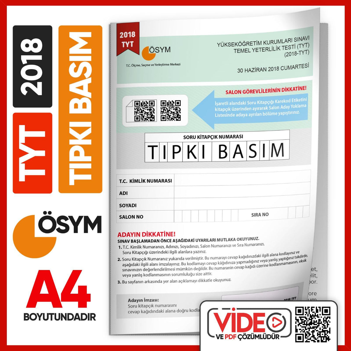 2018 YKS-TYT (SAY-TM-SÖZ) ÖSYM Tıpkı Basım Çıkmış Soru Kitapçığı (Video Çözümlü Türkiye Geneli) kitap kapağı
