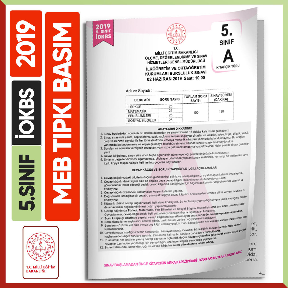 2019 5.Sınıf İOKBS BURSLULUK MEB Tıpkı Basım Çıkmış Soru Kitapçığı Video/PDF Çözümlü Türkiye Geneli kitap kapağı