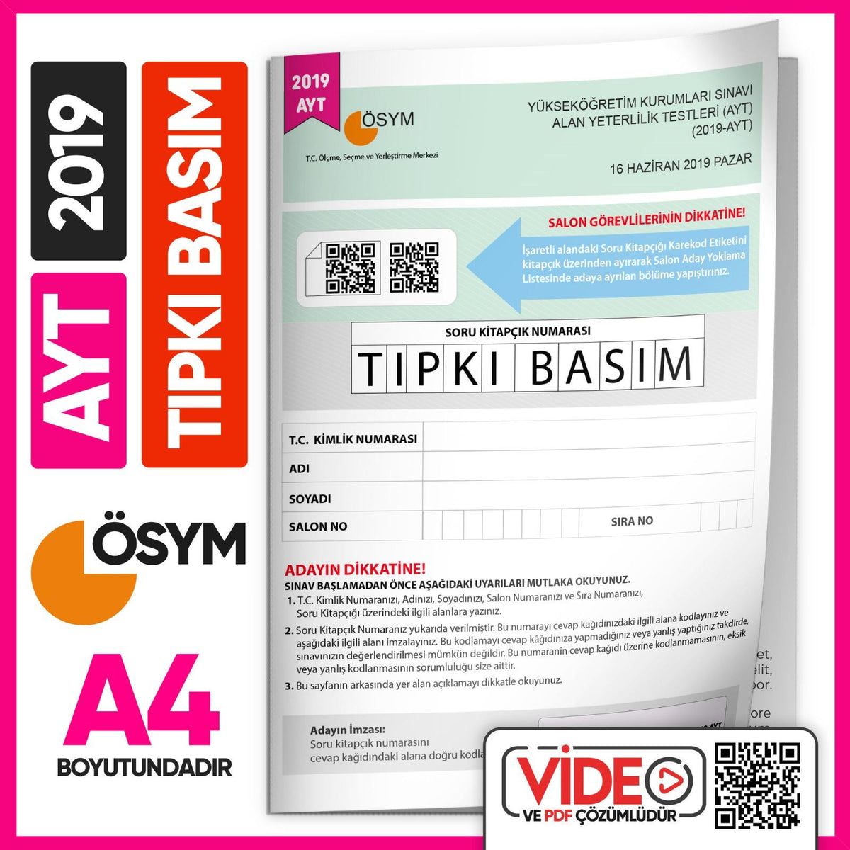 2019 YKS-AYT (SAY-TM) ÖSYM Tıpkı Basım Çıkmış Soru Deneme Kitapçığı (Video Çözümlü Türkiye Geneli) kitap kapağı