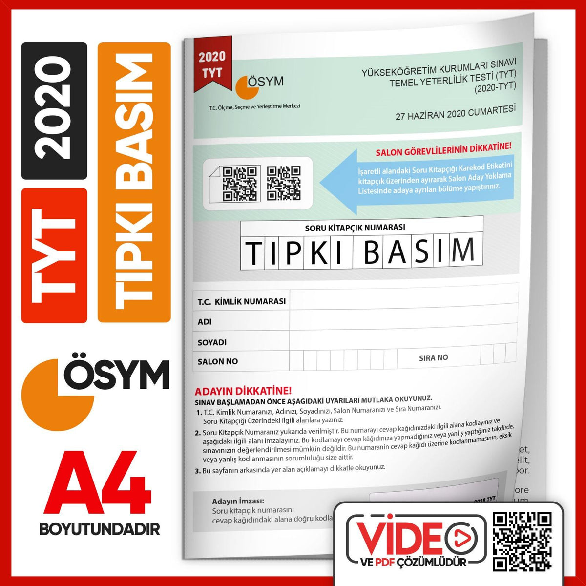 2020 YKS-TYT (SAY-TM-SÖZ) ÖSYM Tıpkı Basım Çıkmış Soru Kitapçığı (Video Çözümlü Türkiye Geneli) kitap kapağı