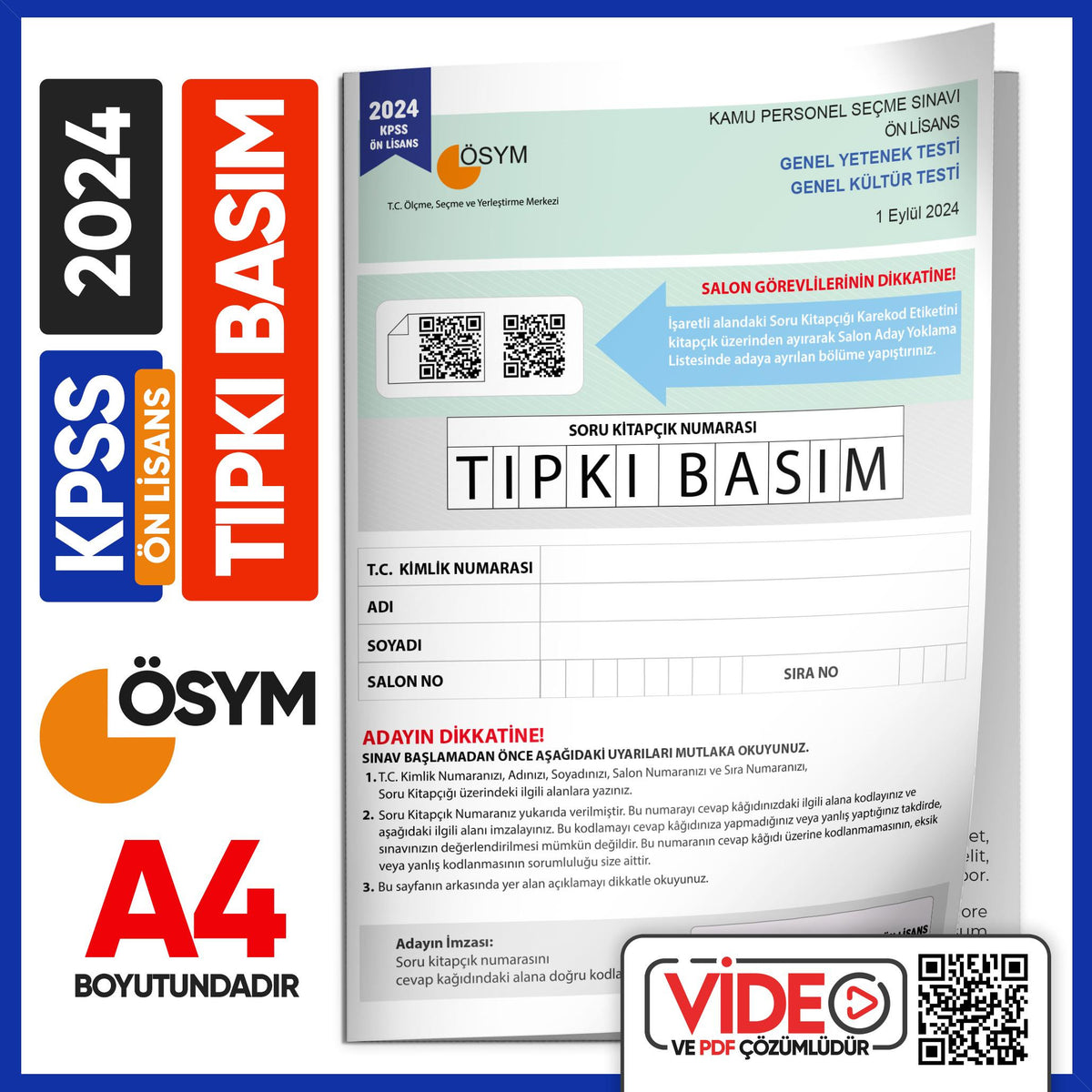 2024 KPSS Ön Lisans ÖSYM Tıpkı Basım Çıkmış Soru Deneme Kitapçığı Video/PDF Çözümlü Türkiye Geneli kitap kapağı