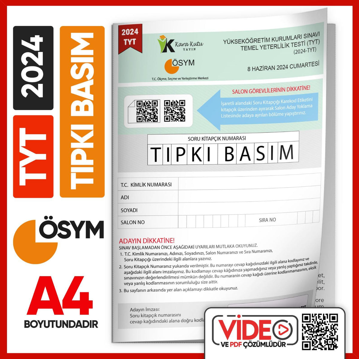 2024 YKS-TYT (SAY-TM-SÖZ) ÖSYM Tıpkı Basım Çıkmış Soru Kitapçığı (Video Çözümlü Türkiye Geneli) kitap kapağı