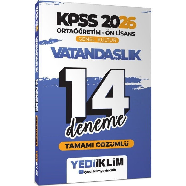 2026 KPSS Ortaöğretim Ön Lisans Genel Kültür Vatandaşlık Tamamı Çözümlü 14 Deneme | Yediiklim Yayınları (İnce Kapak)