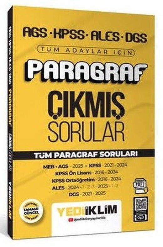 AGS KPSS ALES DGS Tüm Adaylar İçin Paragraf Tamamı PDF Çözümlü Tüm Paragraf Soruları Çıkmış Sorular | Yediiklim Yayınları (İnce Kapak)