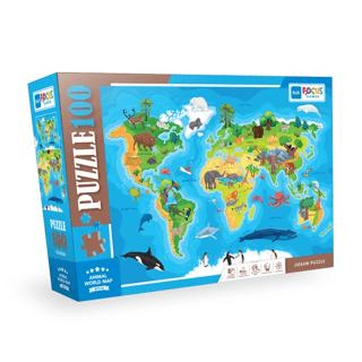 100 Parça Puzzle - Animal World Map (Hayvan Dünya Haritası) | Blue Focus Yayınları