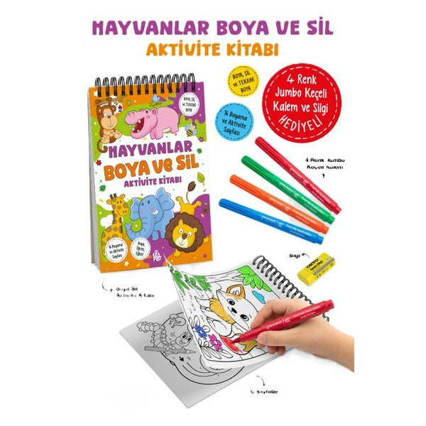 Hayvanlar - Boya ve Sil Aktivite Kitabı 3 + Yaş | Bigkids Yayınları (İnce Kapak)