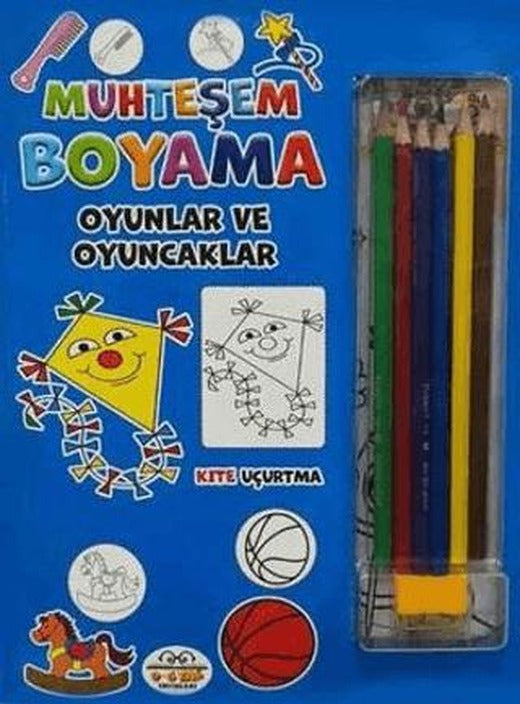 Muhteşem Boyama - Oyunlar ve Oyuncaklar + 6lı Boya Kalemi | 0-6 Yaş Yayınları (Ciltsiz)