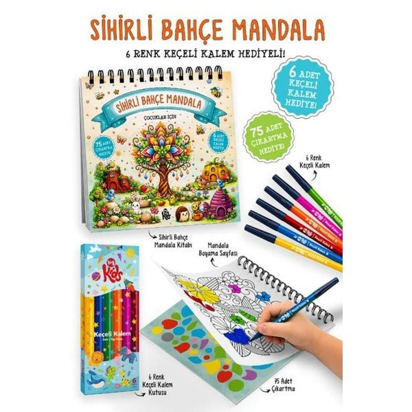 Çocuklar İçin Sihirli Bahçe Mandala - 6 Renk Keçeli Kalem ve 75 Adet Çıkartma Hediye! 3+ | Bigkids Yayınları (İnce Kapak)