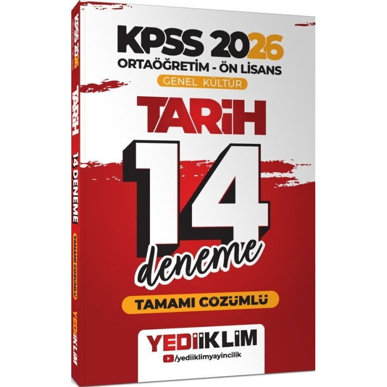 2026 KPSS Ortaöğretim Ön Lisans Genel Kültür Tarih Tamamı Çözümlü 14 Deneme | Yediiklim Yayınları (İnce Kapak)