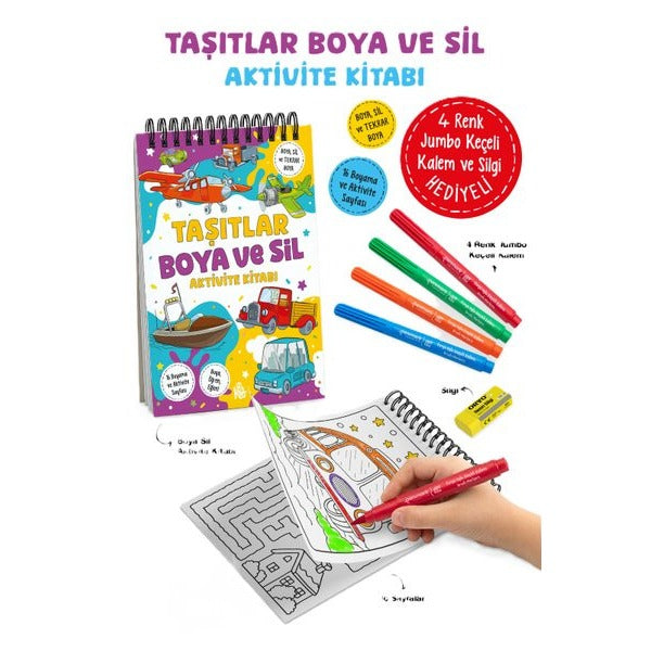Taşıtlar - Boya ve Sil Aktivite Kitabı 3 + Yaş | Bigkids Yayınları (İnce Kapak)