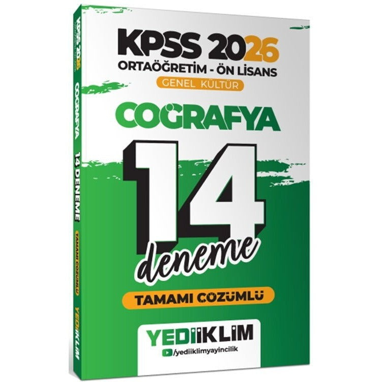 2026 KPSS Ortaöğretim Ön Lisans Genel Kültür Coğrafya Tamamı Çözümlü 14 Deneme | Yediiklim Yayınları (İnce Kapak)