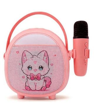 Çocuklara Özel Retro Tasarımlı Bluetooth Karaoke Mikrofon ve Ahşap Tripodlu – Pembe | Crownwell - Resim 1