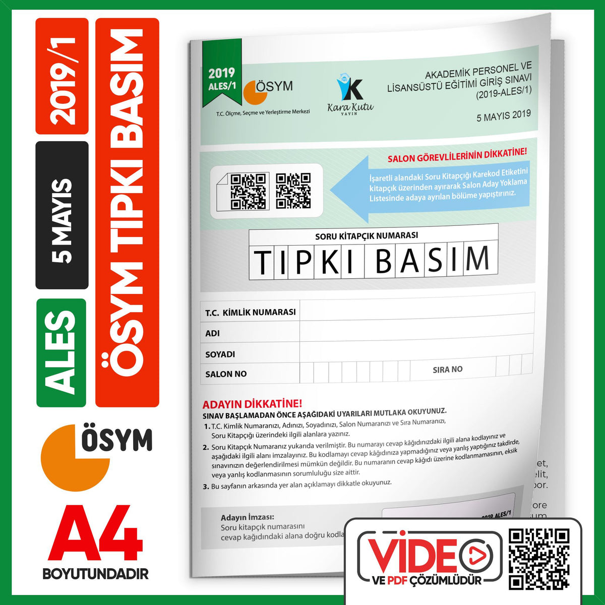 ALES 2019/1 Mayıs ÖSYM Tıpkı Basım Çıkmış Soru Deneme Kitapçığı Video/PDF Çözümlü Türkiye Geneli kitap kapağı