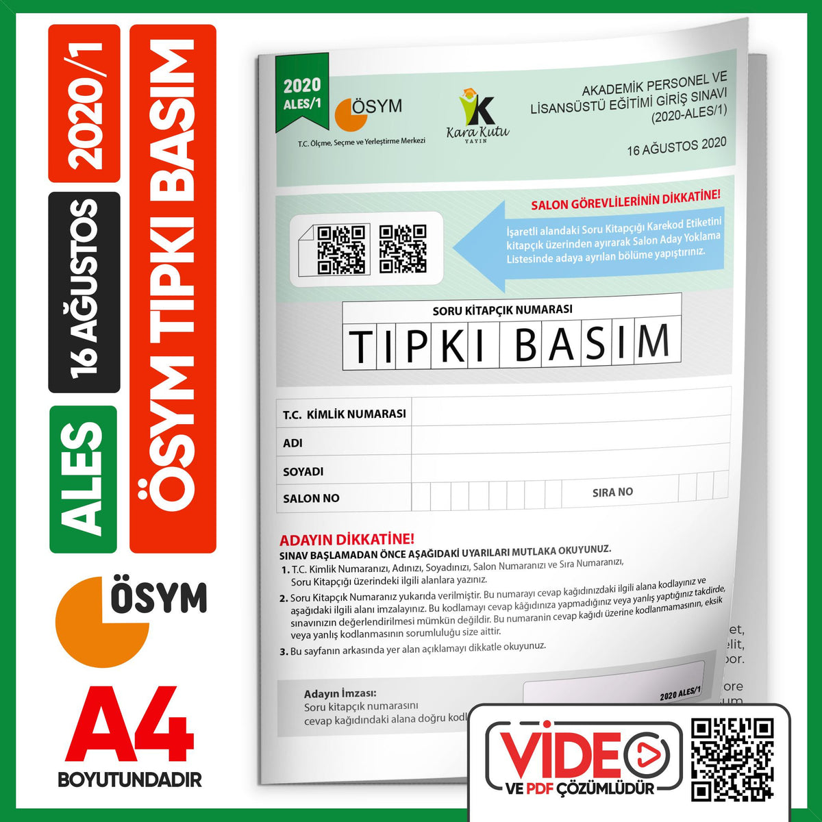 ALES 2020/1 ÖSYM Tıpkı Basım Çıkmış Soru Deneme Kitapçığı Video/PDF Çözümlü Türkiye Geneli kitap kapağı