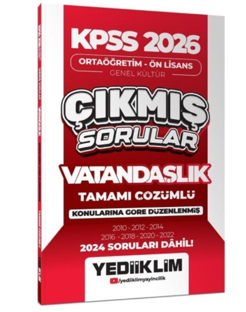 2026 KPSS Ortaöğretim Ön Lisans Genel Kültür Vatandaşlık Tamamı Çözümlü Çıkmış Sorular 2024 Soruları | Yediiklim Yayınları (İnce Kapak)
