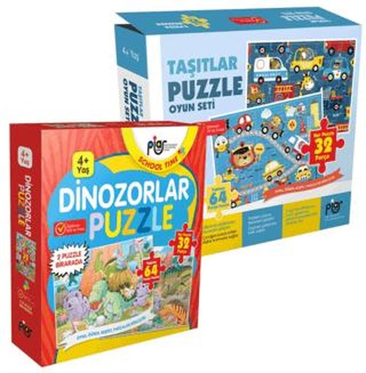 Dinozorlar ve Taşıtlar Puzzle Oyun Seti | Piar Kids (Ciltsiz)