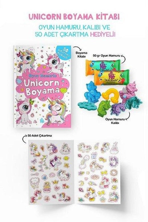 Unicorn Boyama Kitabı - Oyun Hamuru Kalıbı ve 50 Adet Çıkartma Hediyeli 3 + Yaş | Bigkids Yayınları (İnce Kapak)