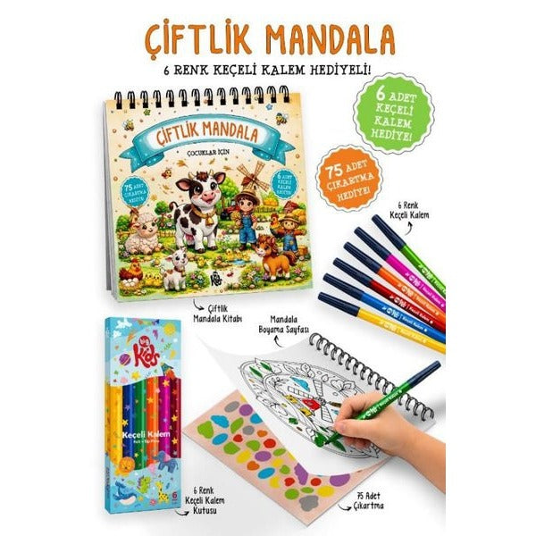 Çocuklar İçin Çiftlik Mandala - 6 Renk Keçeli Kalem ve 75 Adet Çıkartma Hediye! 3+ | Bigkids Yayınları (İnce Kapak)