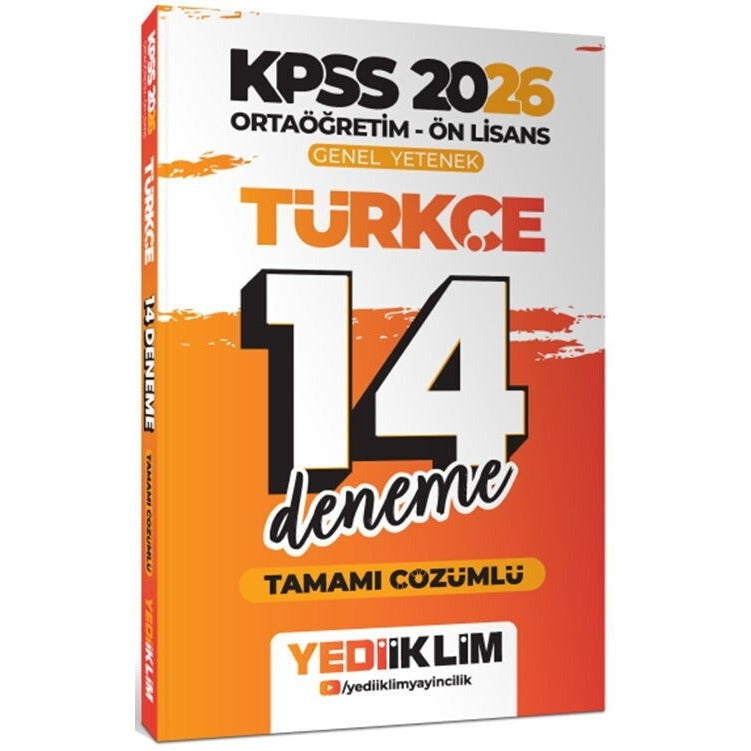2026 KPSS Ortaöğretim Ön Lisans Genel Yetenek Türkçe Tamamı Çözümlü 14 Deneme | Yediiklim Yayınları (İnce Kapak)