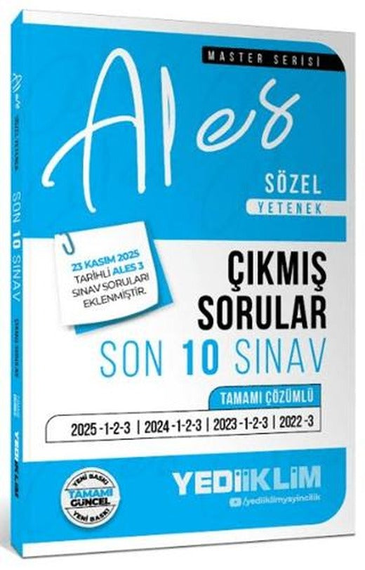 2026 ALES Sözel Yetenek Tamamı Çözümlü Son 10 Sınav Çıkmış Sorular (23 Kasım 2025 ALES-3 Ekli) | Yediiklim Yayınları (Ciltsiz)
