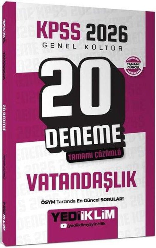 2026 KPSS Genel Kültür Vatandaşlık Tamamı Çözümlü 20 Deneme | Yediiklim Yayınları (İnce Kapak)