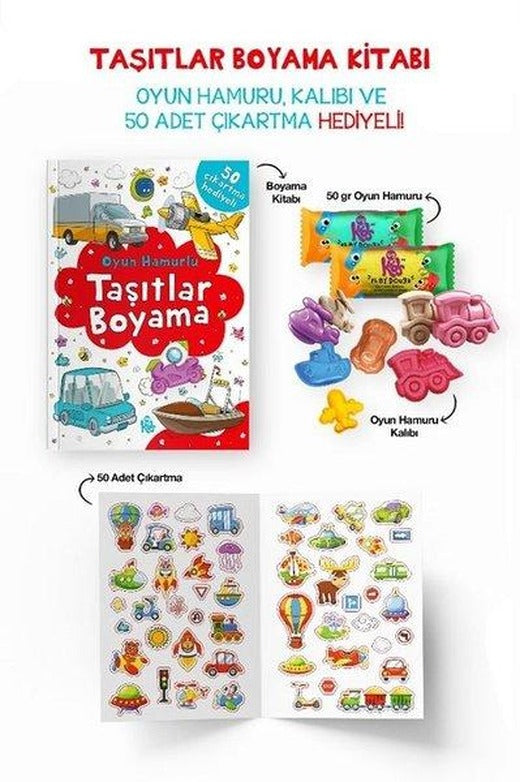 Taşıtlar Boyama Kitabı - Oyun Hamuru Kalıbı ve 50 Adet Çıkartma Hediyeli 3 + Yaş | Bigkids Yayınları (İnce Kapak)