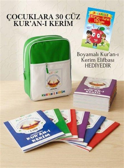 Çocuklara 30 Cüz Kur'an-ı Kerim (Yeşil Çantalı) Boyamalı Kur'an-ı Kerim Elifbası Hediyeli | Coral Dağıtım (İnce Kapak)