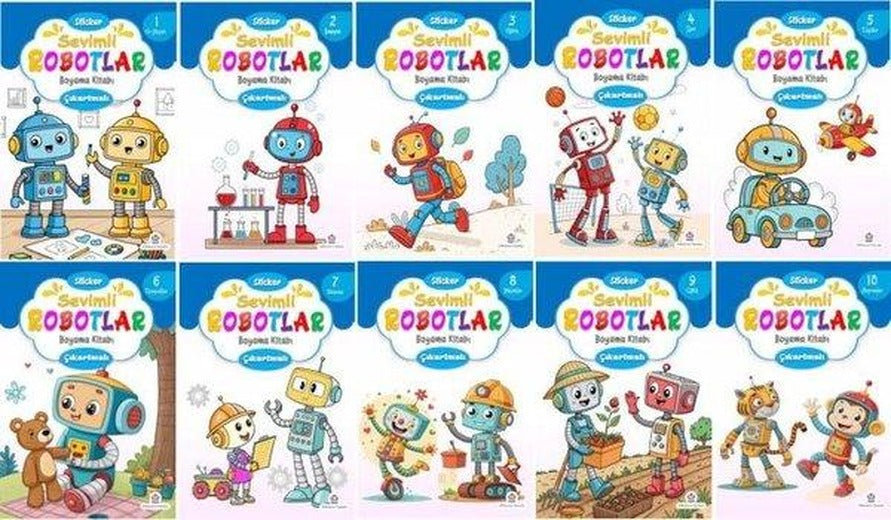 Sevimli Robotlar Boyama Kitabı Seti - 10 Kitap Takım | Atlı Karınca Yayınları (İnce Kapak)