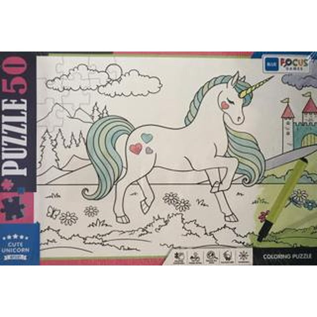 50 Parça Coloring Puzzle Cute Unicorn - Sevimli Tek Boynuzlu At | Blue Focus Yayınları