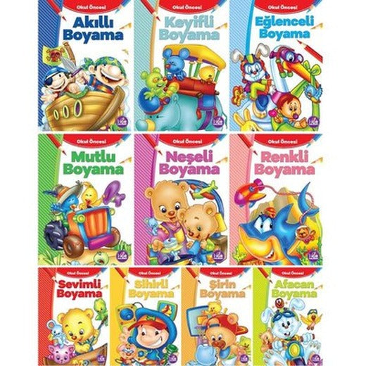 Çocuklar İçin Eğlenceli Boyama Seti - 10 Kitap Takım | Mor Kelebek (İnce Kapak)