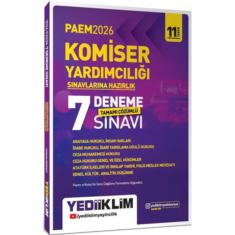 2026 PAEM Komiser Yardımcılığı Sınavlarına Hazırlık Tamamı Çözümlü 7 Deneme | Yediiklim Yayınları (Ciltsiz)