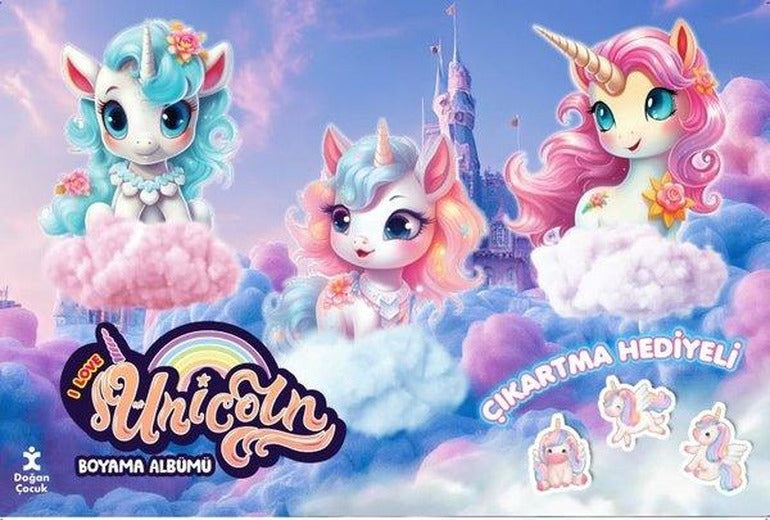 I Love Unicorn Çıkartma Hediyeli Boyama Albümü | Doğan Çocuk (İnce Kapak)