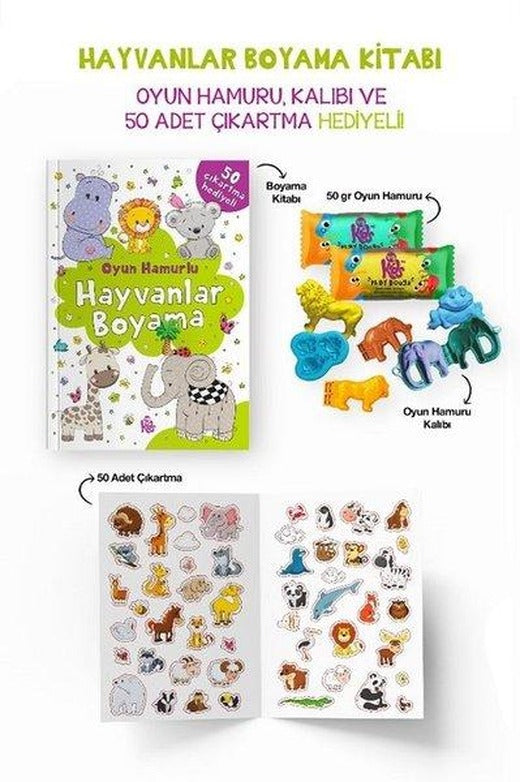 Hayvanlar Boyama Kitabı - Oyun Hamuru Kalıbı ve 50 Adet Çıkartma Hediyeli 3 + Yaş | Bigkids Yayınları (İnce Kapak)