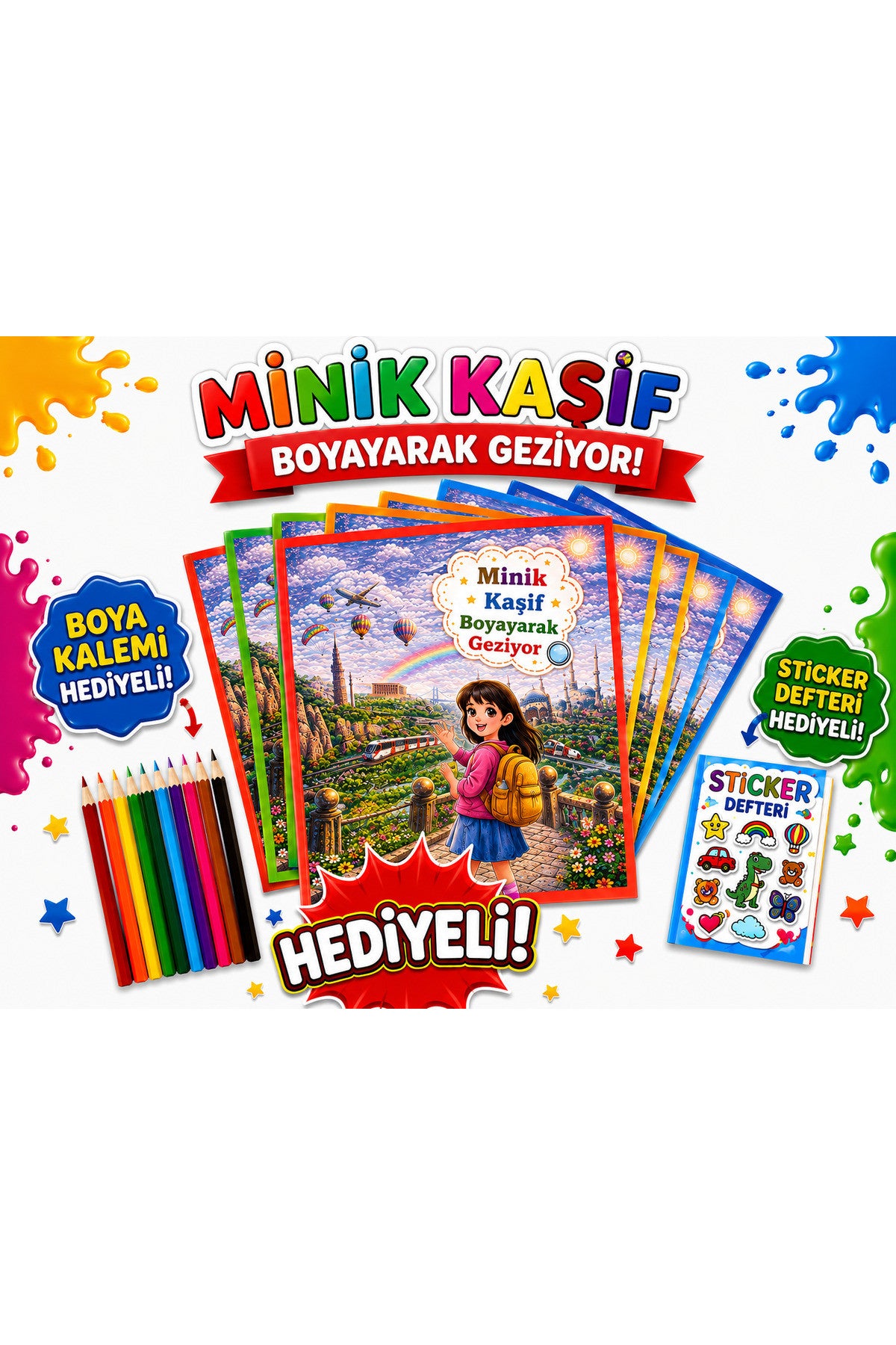 Minik Kaşif Boyama Kitabı 16 Sayfa 10 Kitap Boyama Kalemi Stıcker Defteri Hediyeli kitap kapağı