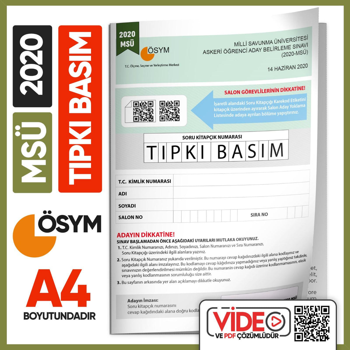 2020 MSÜ ÖSYM Tıpkı Basım Çıkmış Soru Deneme Kitapçığı (Video Çözümlü Türkiye Geneli) kitap kapağı