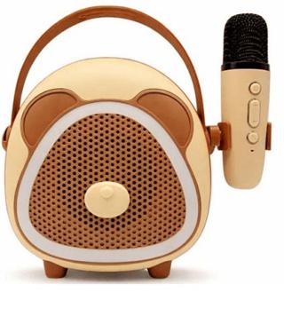 Çocuklara Özel Retro Tasarımlı Bluetooth Karaoke Mikrofon ve Ahşap Tripod Kahverengi | Crownwell - Resim 1