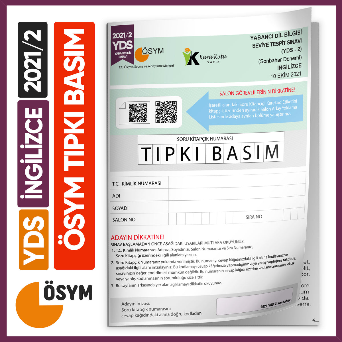 YDS 2021/2 ÖSYM Tıpkı Basım Çıkmış Soru Türkiye Geneli Deneme Kitapçığı - Kolektif kitap kapağı